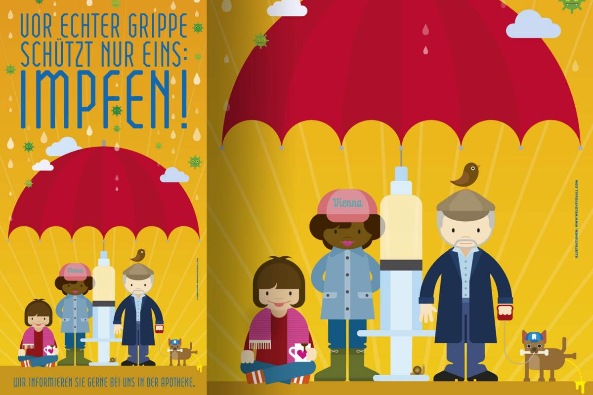 Illustration mit Menschen unter einem Regenschirm zum Thema Influenza-Impfung von Rike Hofmann