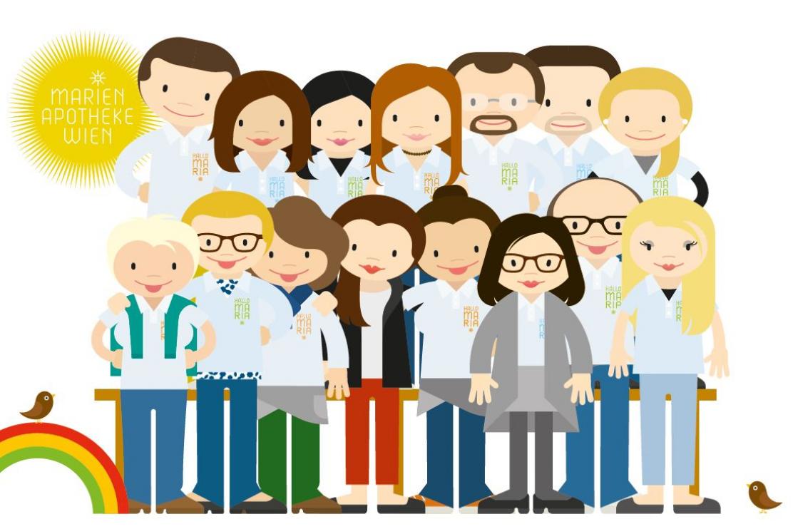 Illustration des Teams der Marien Apotheke Wien in 1060 Wien. Links unten befindet sich ein Regenbogen, links oben das Logo der Marienapotheke in Gelb. Die illustration ist von Rike Hofmann.