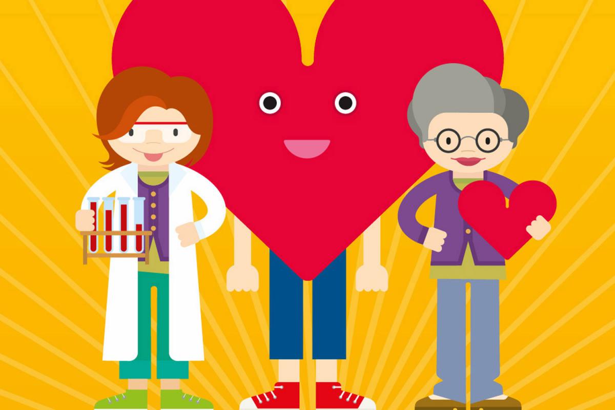 Illustration eines riesigen Herzens mit Gesicht und Beinen. Links davor steht Mag. Karin Simonitsch im Labormantel und mit Reagenzgläsern in der Hand. Rechts davon steht eine ältere Frau mit einem Herzen in der Hand.