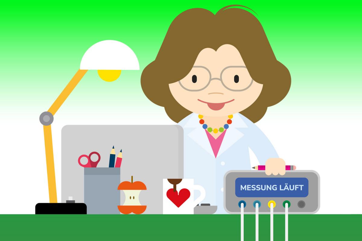 Illustration von Diätologin Mag. Claudia Schinnerer, die am Schreibtisch vor ihrem Laptop sitzt. Daneben steht ein kleines Kästchen auf dem steht 