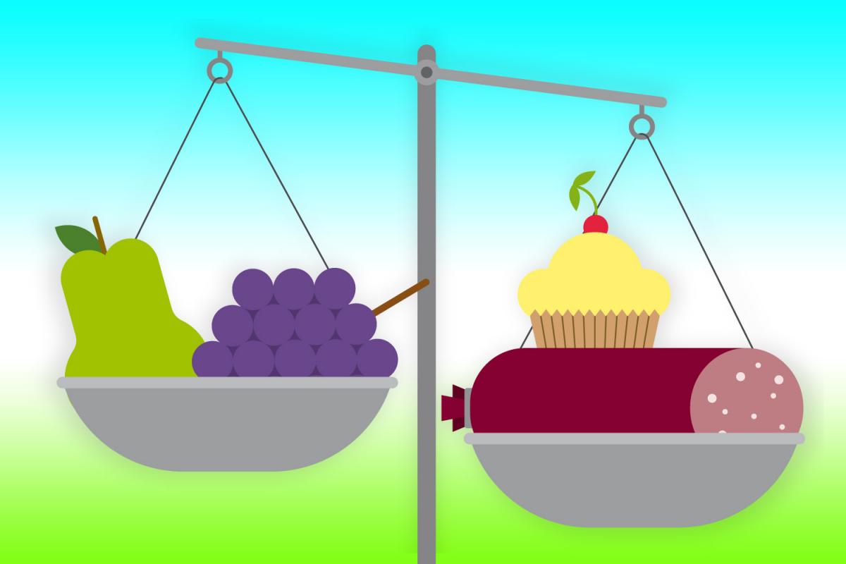 Illustration einer Waage, die links Birne und Weintrauben enthält und rechts Wurst und Törtchen. Die Illustration stammt von Rike Hofmann.