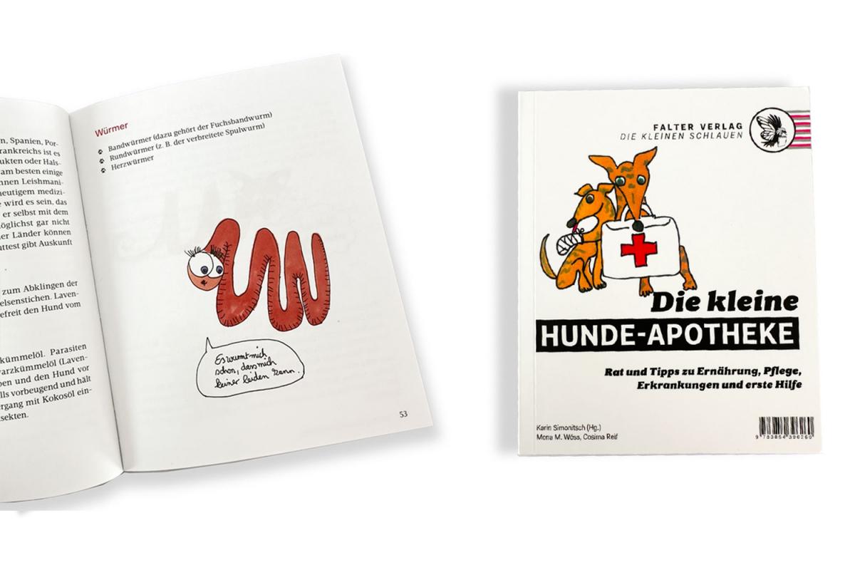 Aufgeschlagene Beispielseite über Würmer des Buches Hundeapotheke auf der linken Seite und das Buch von vorne auf der rechten Seite