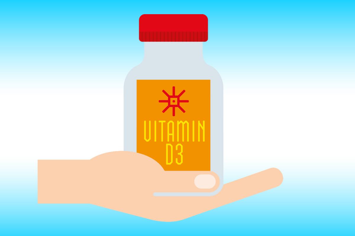 Illustration einer Hand die eine Dose hält, auf der Vitamin D3 steht. Die Dose ist weiß mit orangem Etikett und rotem Deckel. Der Hintergrund des Bilds hat einen blau-weißen Verlauf.